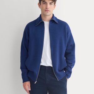 Zip-Up Sweater Jacket in Cotton Merino | Marine Blue